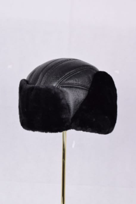 Fur lined faux leather trapper hat - black