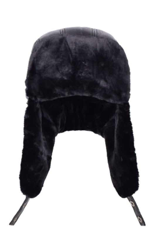 Fur lined faux leather trapper hat - black
