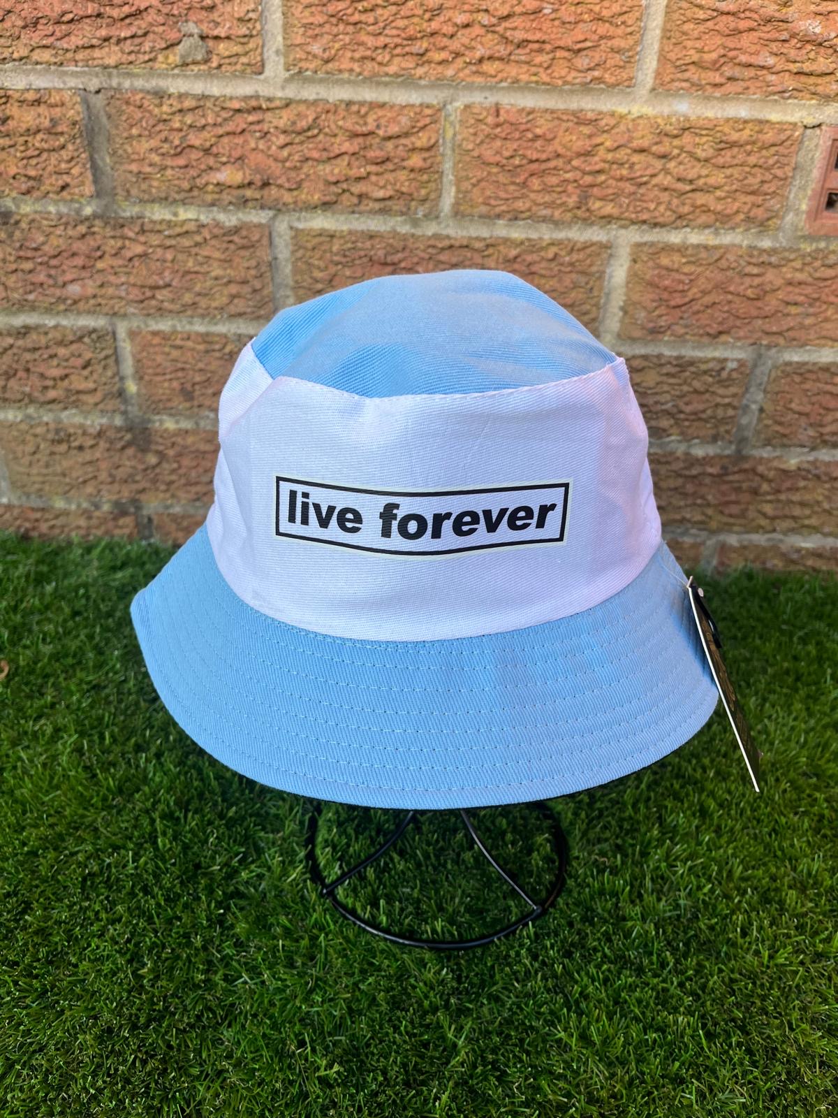 Live Forever Oasis style bucket hat - blue and white