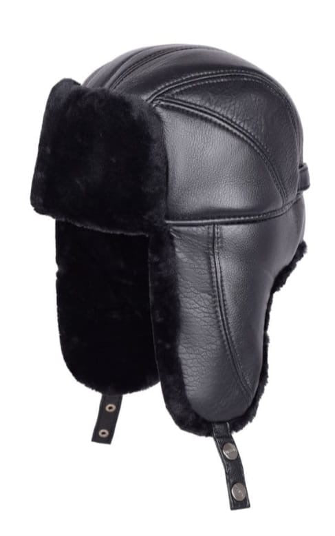 Fur lined faux leather trapper hat - black